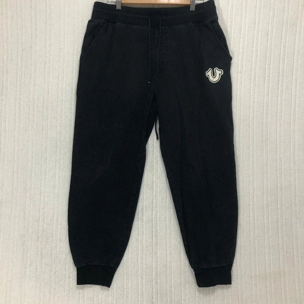 True Religion Mens Black Horseshoe Logo‎ Jogger Sweatpants Drawstring Waist L